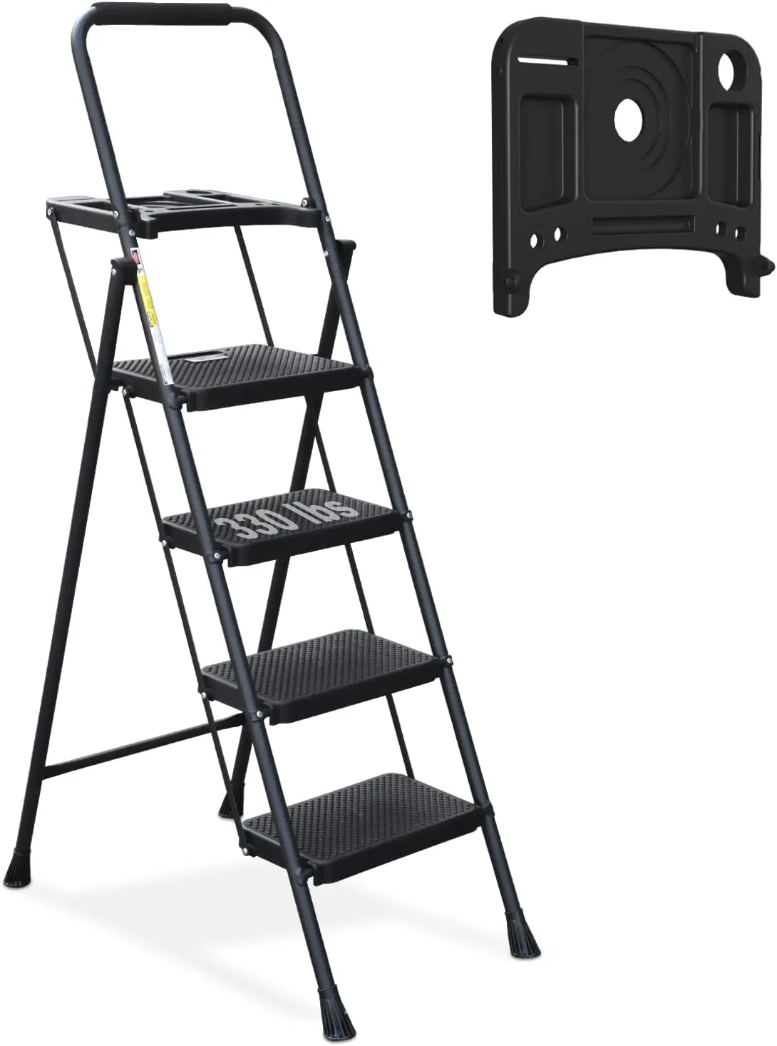 HBTower 4 Step Ladder with Tool Tray, Folding Step Stool with Wide Non-Slip Pedal and Comfort Handgrip for Household and Office, Lightweight 330lbs Capacity Step Ladder, Black