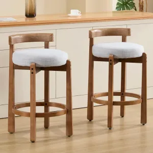 HEAH-YO Mid Century Modern Bar Stools Set of 2, 26.5" Counter Stools with Back, Farmhouse Linen Upholstered Barstools with Solid Wood Legs Bar Chairs for Kitchen Island Dining Room, Light Grey