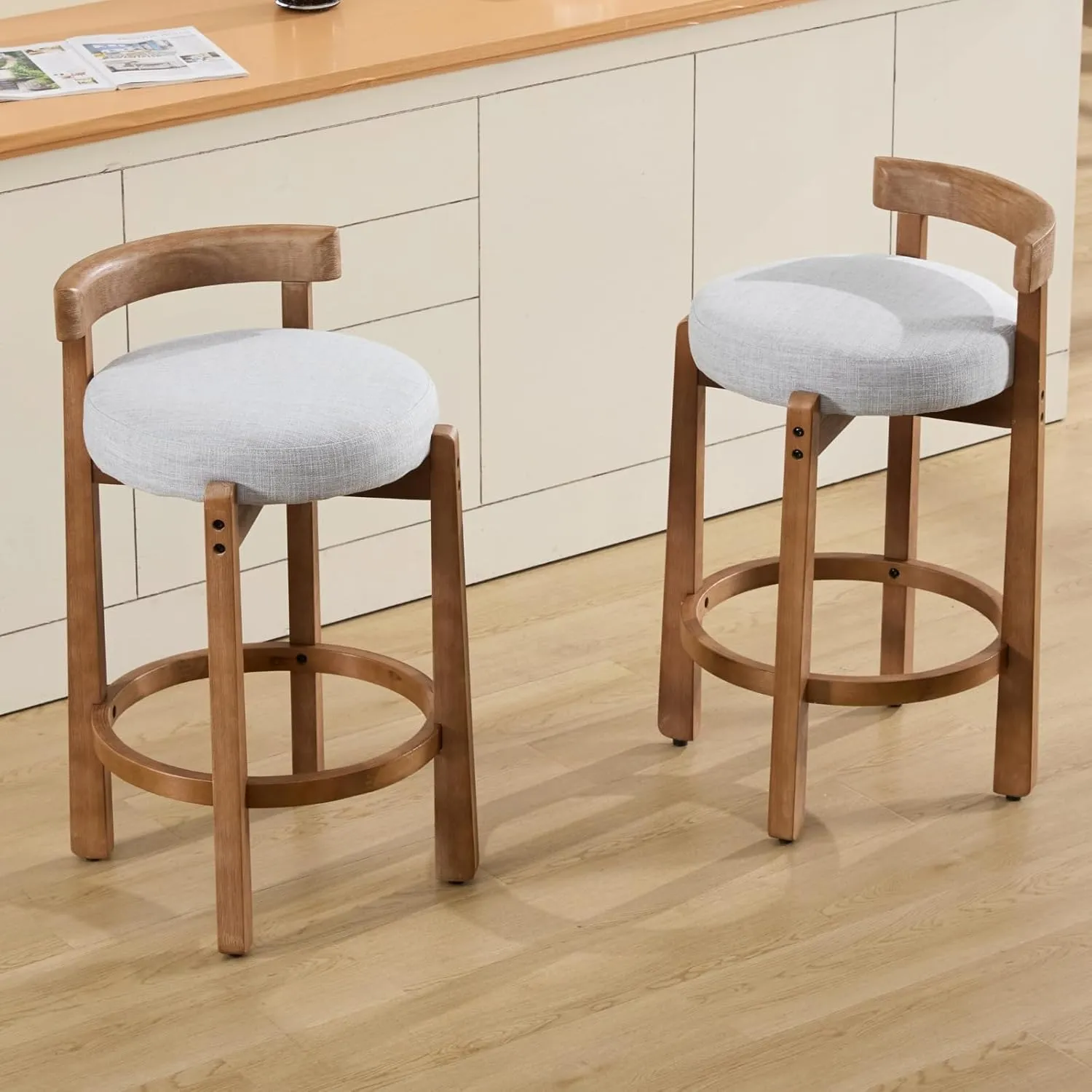 HEAH-YO Mid Century Modern Bar Stools Set of 2, 26.5" Counter Stools with Back, Farmhouse Linen Upholstered Barstools with Solid Wood Legs Bar Chairs for Kitchen Island Dining Room, Light Grey