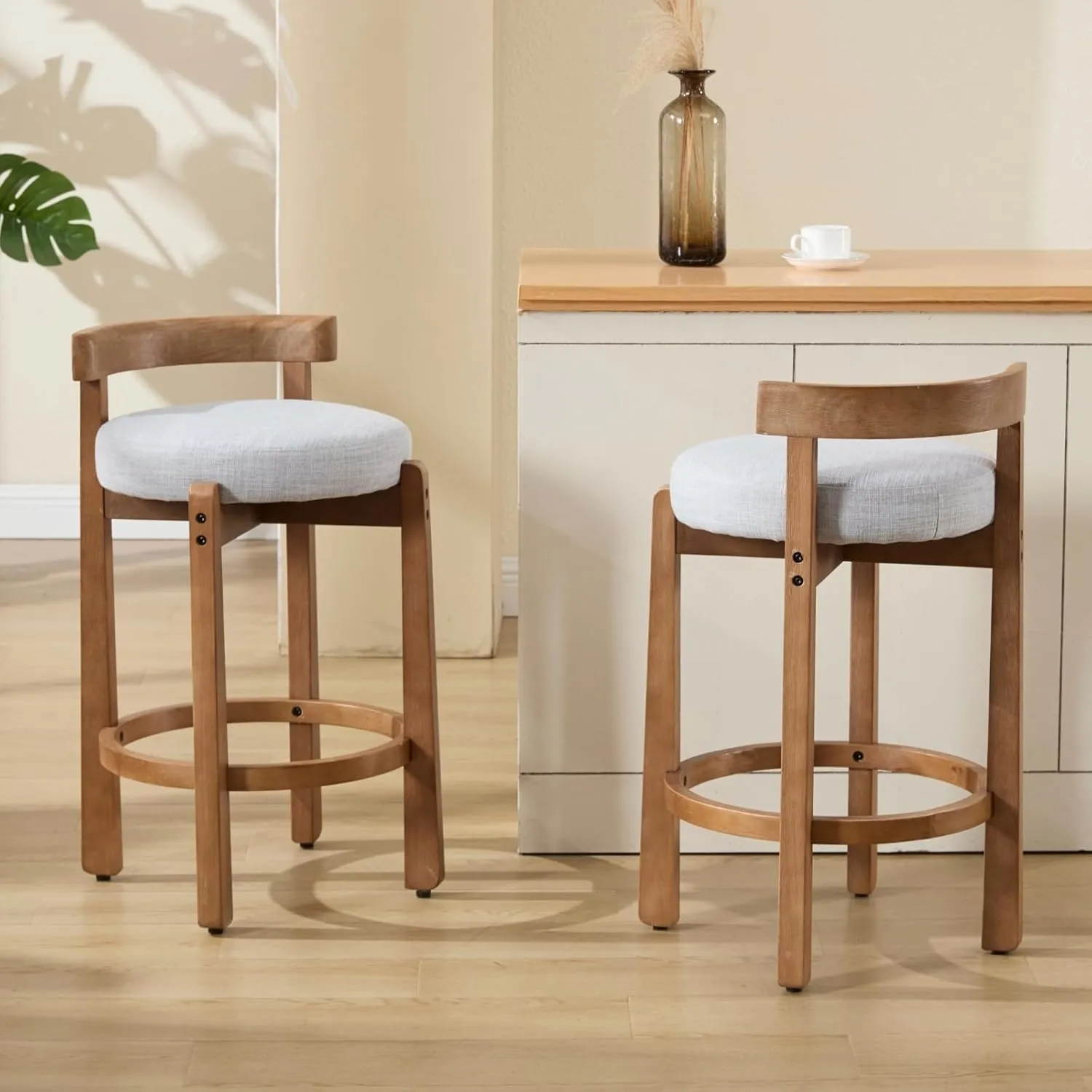 HEAH-YO Mid Century Modern Bar Stools Set of 2, 26.5" Counter Stools with Back, Farmhouse Linen Upholstered Barstools with Solid Wood Legs Bar Chairs for Kitchen Island Dining Room, Light Grey