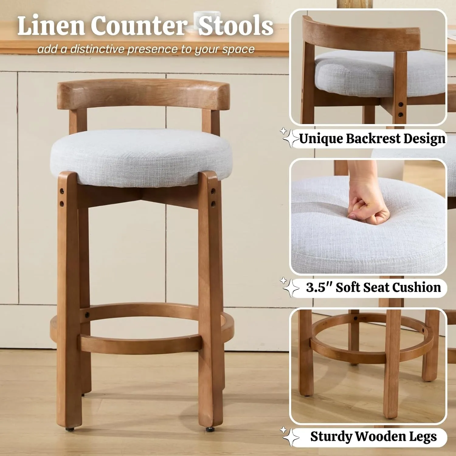 HEAH-YO Mid Century Modern Bar Stools Set of 2, 26.5" Counter Stools with Back, Farmhouse Linen Upholstered Barstools with Solid Wood Legs Bar Chairs for Kitchen Island Dining Room, Light Grey