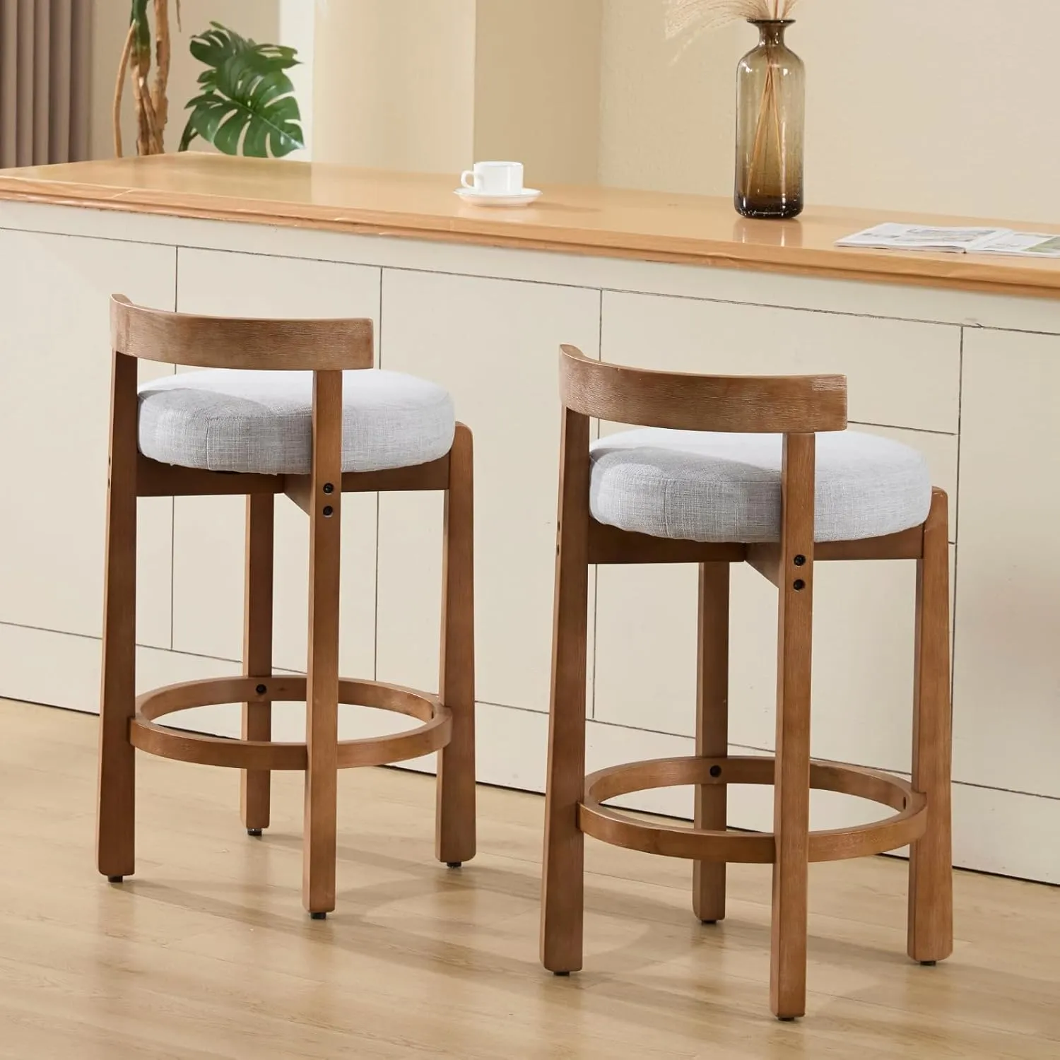 HEAH-YO Mid Century Modern Bar Stools Set of 2, 26.5" Counter Stools with Back, Farmhouse Linen Upholstered Barstools with Solid Wood Legs Bar Chairs for Kitchen Island Dining Room, Light Grey