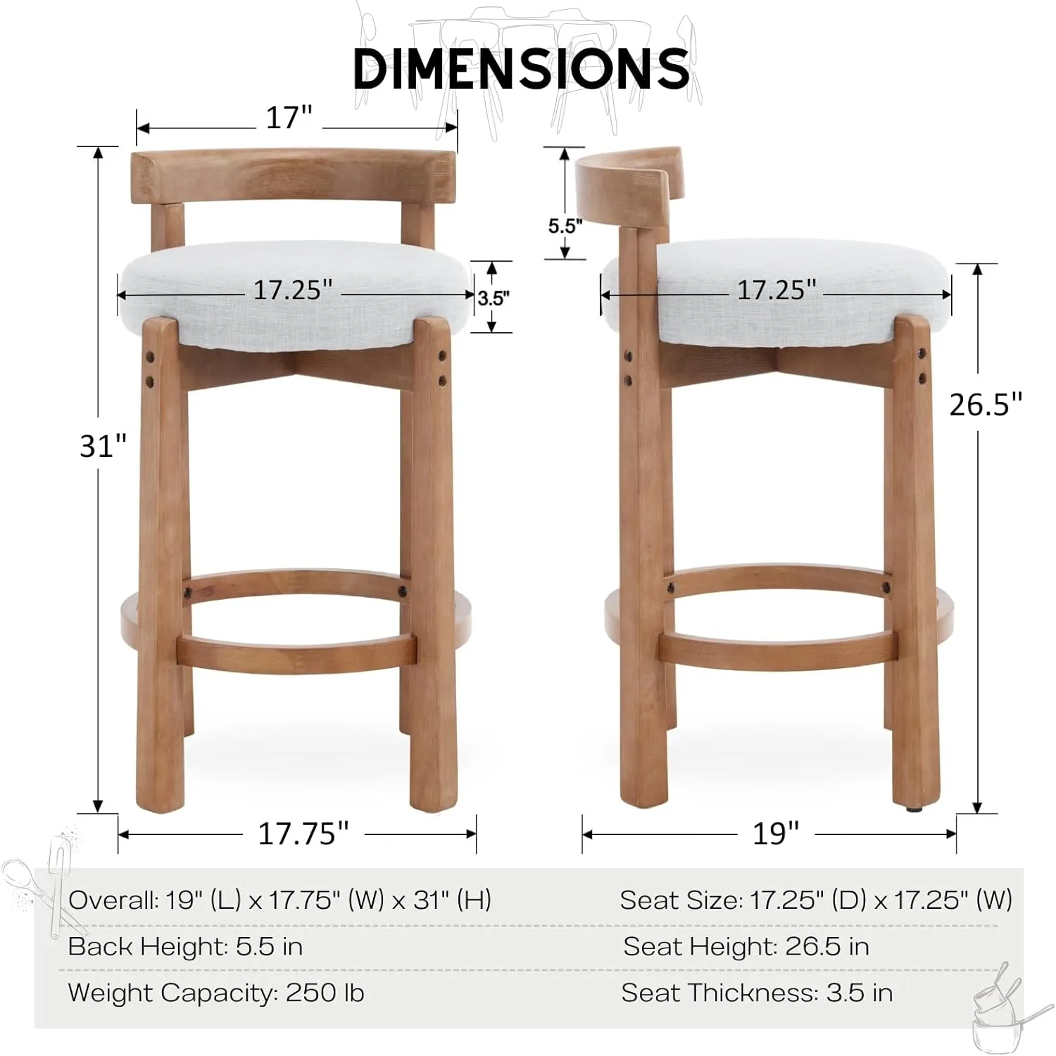 HEAH-YO Mid Century Modern Bar Stools Set of 2, 26.5" Counter Stools with Back, Farmhouse Linen Upholstered Barstools with Solid Wood Legs Bar Chairs for Kitchen Island Dining Room, Light Grey