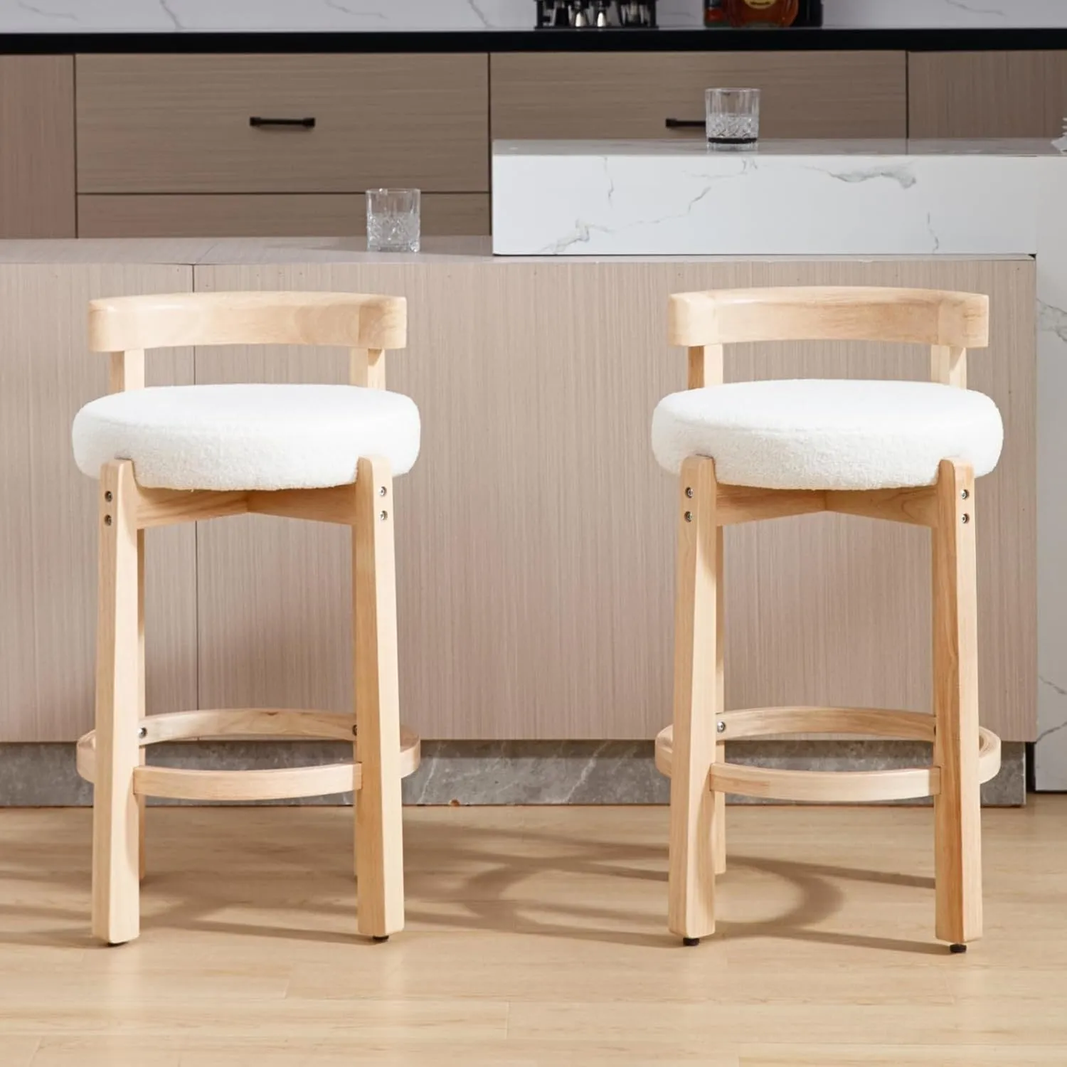 HEAH-YO Mid Century Modern Sherpa Bar Stools Set of 2, 26.5" Counter Stools with Back, Boucle Upholstered Barstools with Solid Wood Legs Bar Chairs for Kitchen Island Dining Room, White