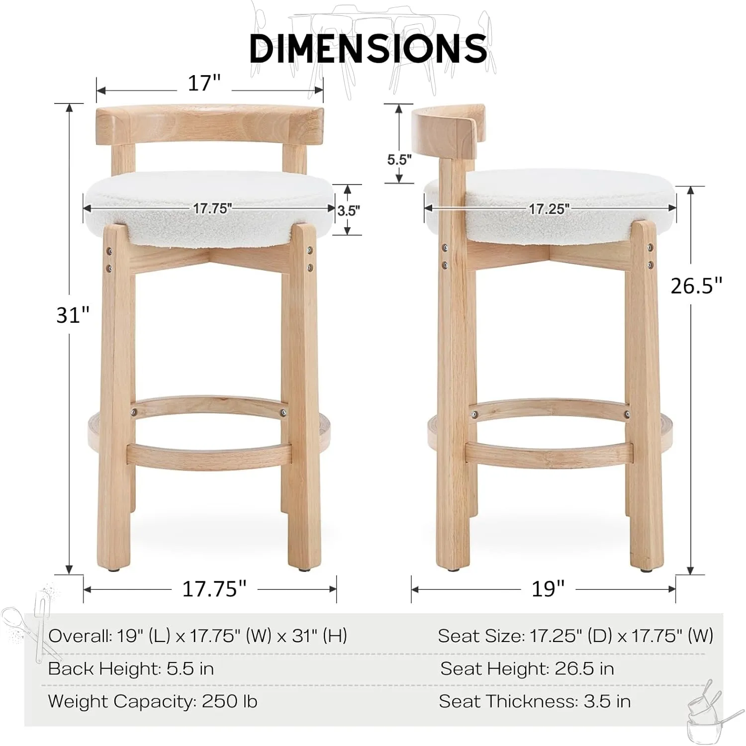 HEAH-YO Mid Century Modern Sherpa Bar Stools Set of 2, 26.5" Counter Stools with Back, Boucle Upholstered Barstools with Solid Wood Legs Bar Chairs for Kitchen Island Dining Room, White