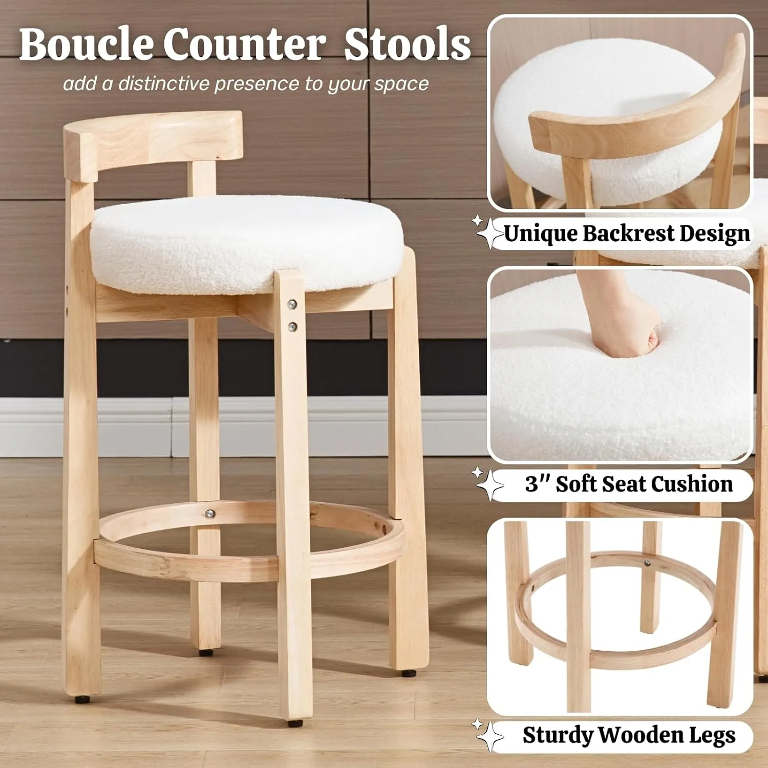 HEAH-YO Mid Century Modern Sherpa Bar Stools Set of 2, 26.5" Counter Stools with Back, Boucle Upholstered Barstools with Solid Wood Legs Bar Chairs for Kitchen Island Dining Room, White