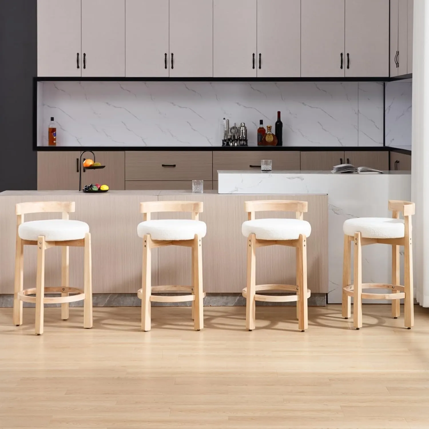 HEAH-YO Mid Century Modern Sherpa Bar Stools Set of 2, 26.5" Counter Stools with Back, Boucle Upholstered Barstools with Solid Wood Legs Bar Chairs for Kitchen Island Dining Room, White