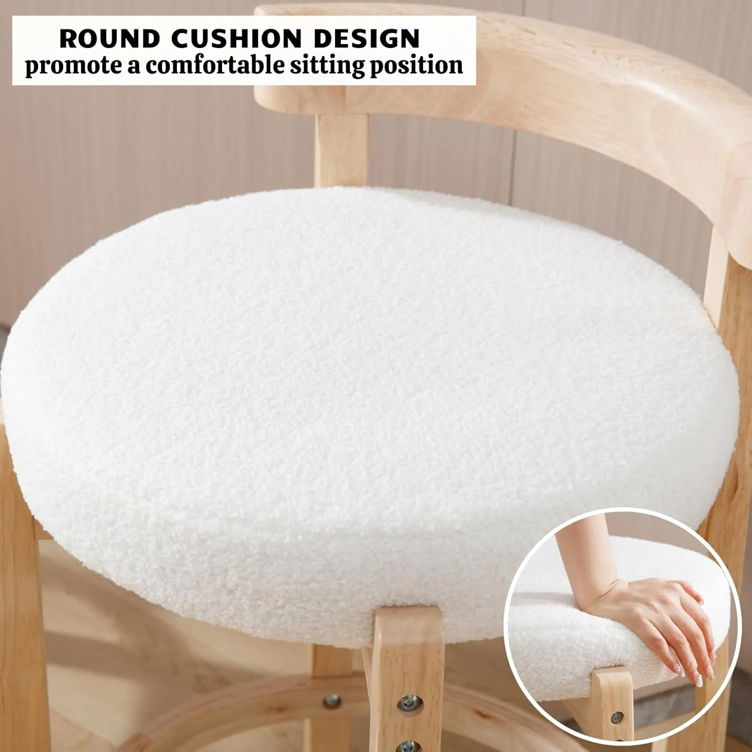 HEAH-YO Mid Century Modern Sherpa Bar Stools Set of 2, 26.5" Counter Stools with Back, Boucle Upholstered Barstools with Solid Wood Legs Bar Chairs for Kitchen Island Dining Room, White