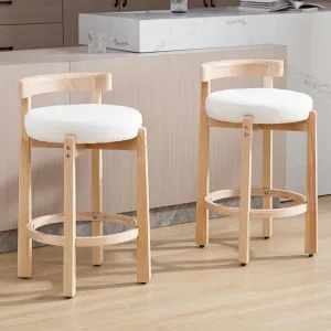 HEAH-YO Mid Century Modern Sherpa Bar Stools Set of 2, 26.5" Counter Stools with Back, Boucle Upholstered Barstools with Solid Wood Legs Bar Chairs for Kitchen Island Dining Room, White