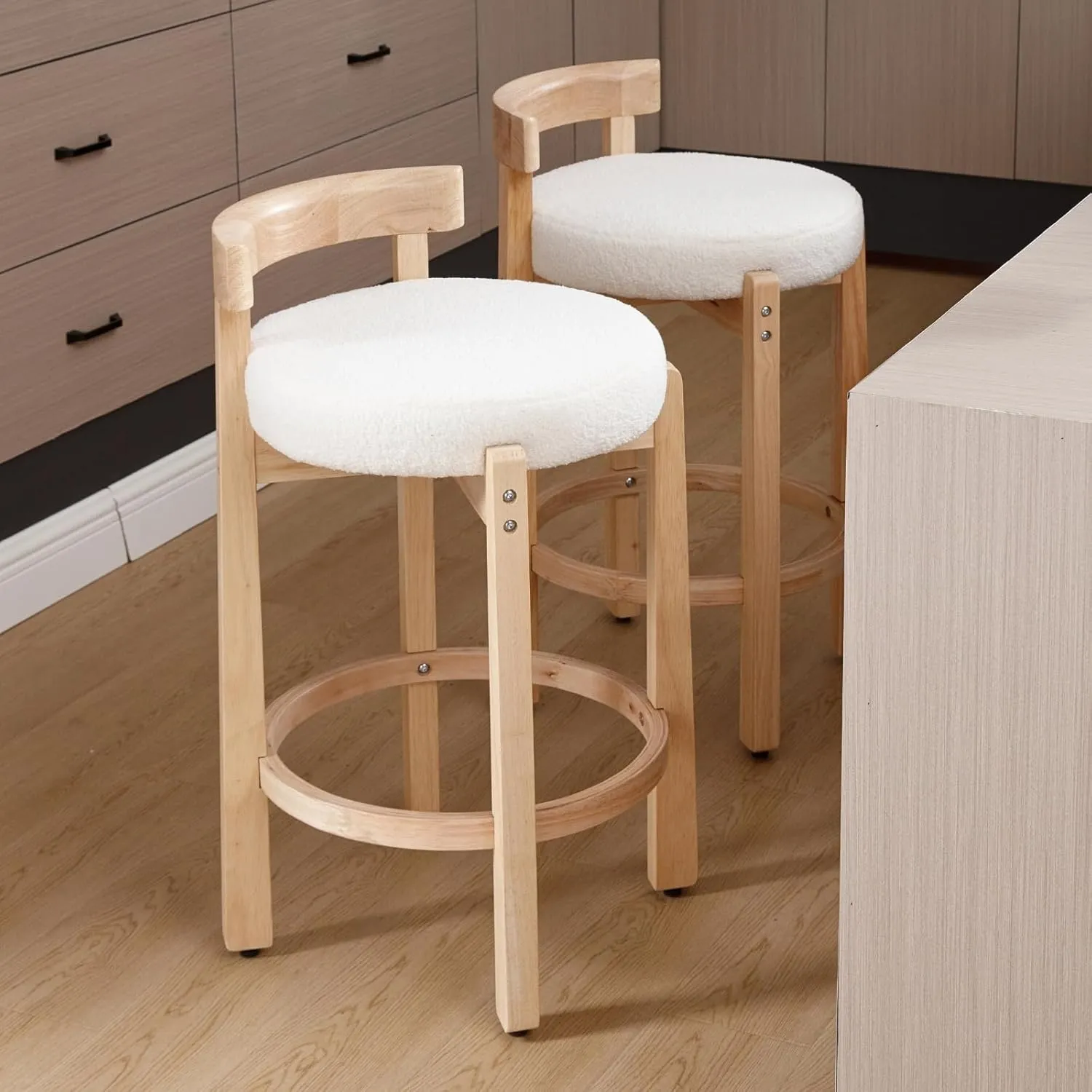 HEAH-YO Mid Century Modern Sherpa Bar Stools Set of 2, 26.5" Counter Stools with Back, Boucle Upholstered Barstools with Solid Wood Legs Bar Chairs for Kitchen Island Dining Room, White