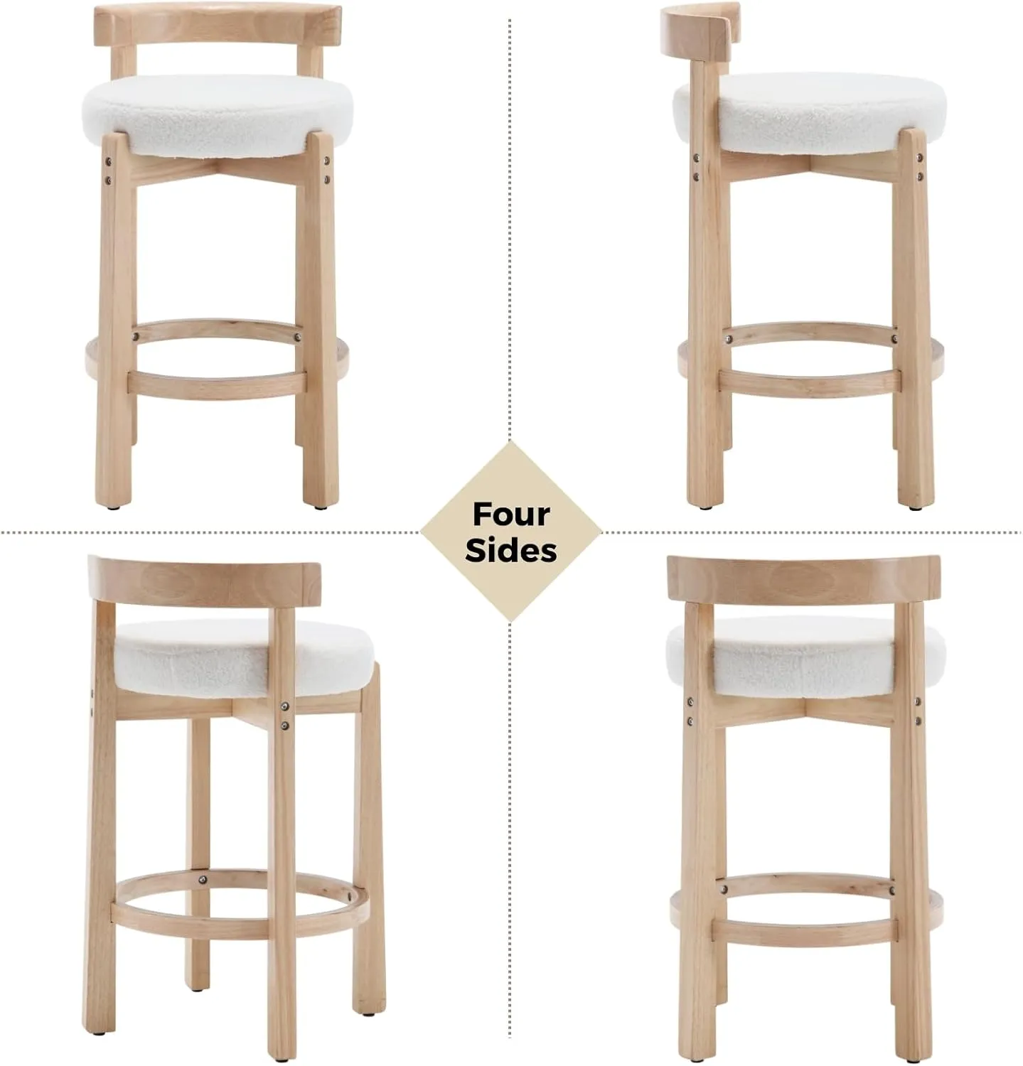 HEAH-YO Mid Century Modern Sherpa Bar Stools Set of 2, 26.5" Counter Stools with Back, Boucle Upholstered Barstools with Solid Wood Legs Bar Chairs for Kitchen Island Dining Room, White