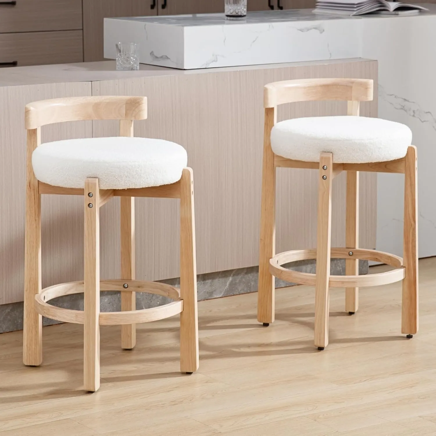 HEAH-YO Mid Century Modern Sherpa Bar Stools Set of 2, 26.5" Counter Stools with Back, Boucle Upholstered Barstools with Solid Wood Legs Bar Chairs for Kitchen Island Dining Room, White