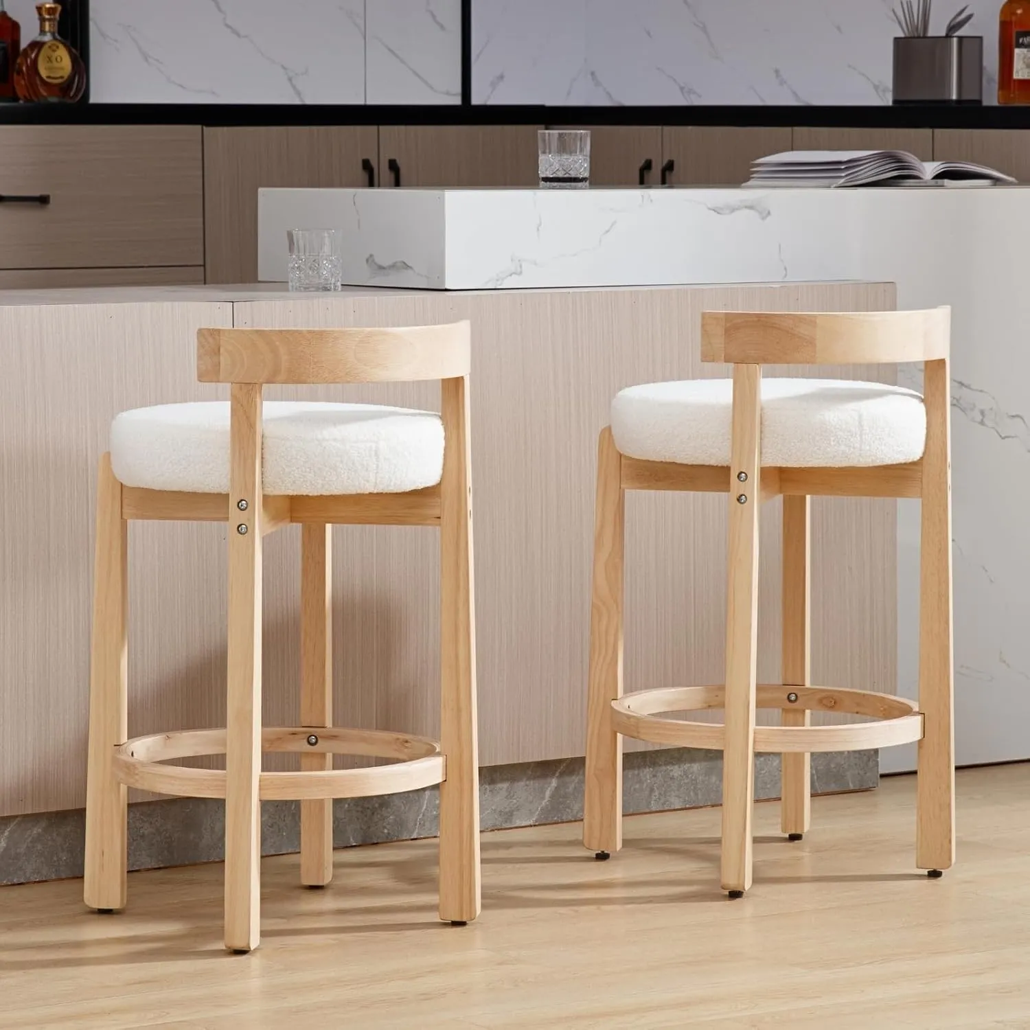 HEAH-YO Mid Century Modern Sherpa Bar Stools Set of 2, 26.5" Counter Stools with Back, Boucle Upholstered Barstools with Solid Wood Legs Bar Chairs for Kitchen Island Dining Room, White