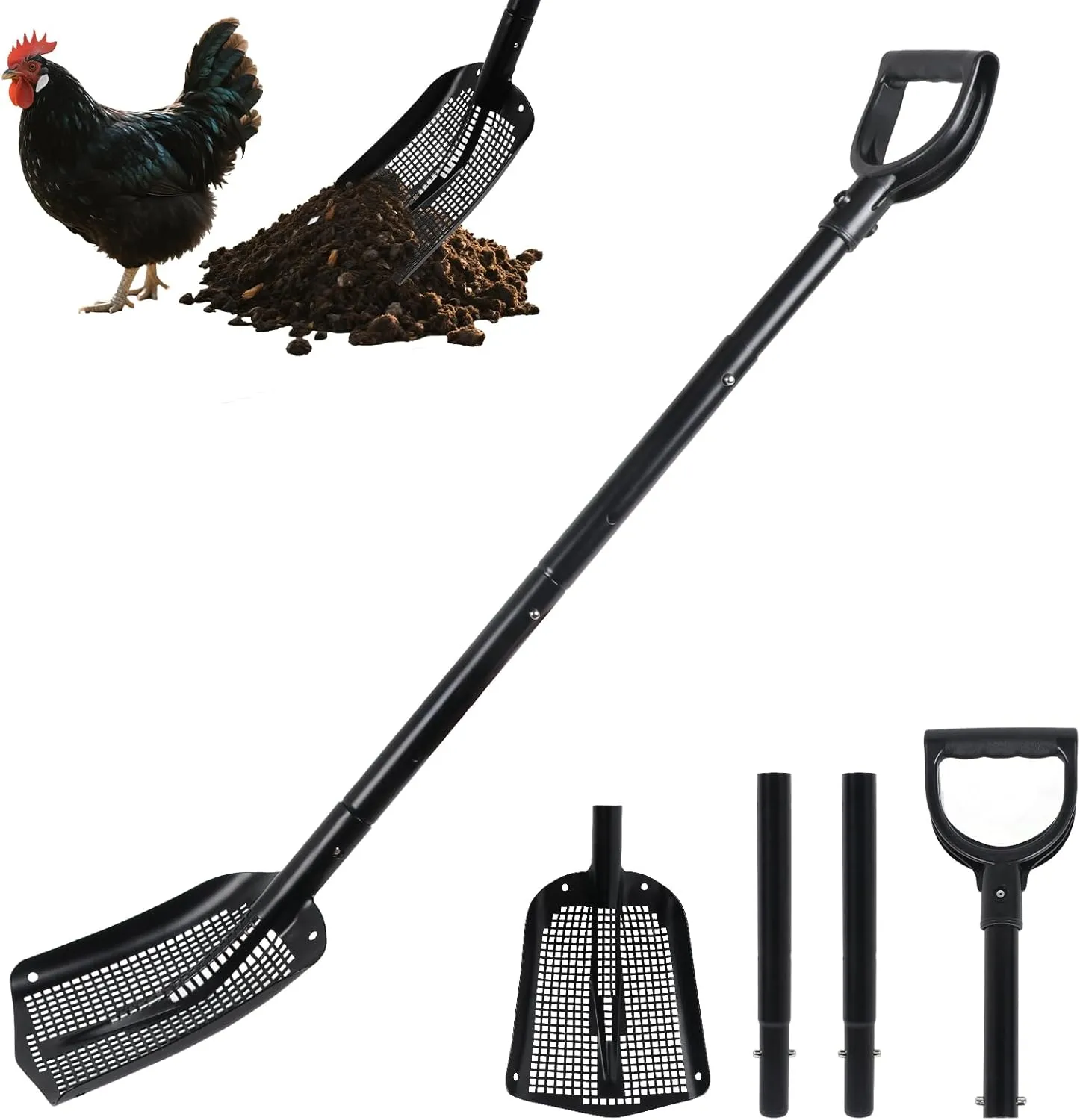 Heavy Duty Metal Sifting Shovel with Adjustable Handle - Sand Sifter for Beach Cleaning, Chicken Coop Poop Scoop, Goat Stall/Garden/Outdoor Use - Durable Mesh Design & Ergonomic D Grip