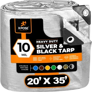 Heavy Duty Poly Tarp - 20' x 35' - 10 Mil Thick Waterproof, UV Blocking Protective Cover - Reversible Silver and Black - Laminated Coating - Grommets - by Xpose Safety