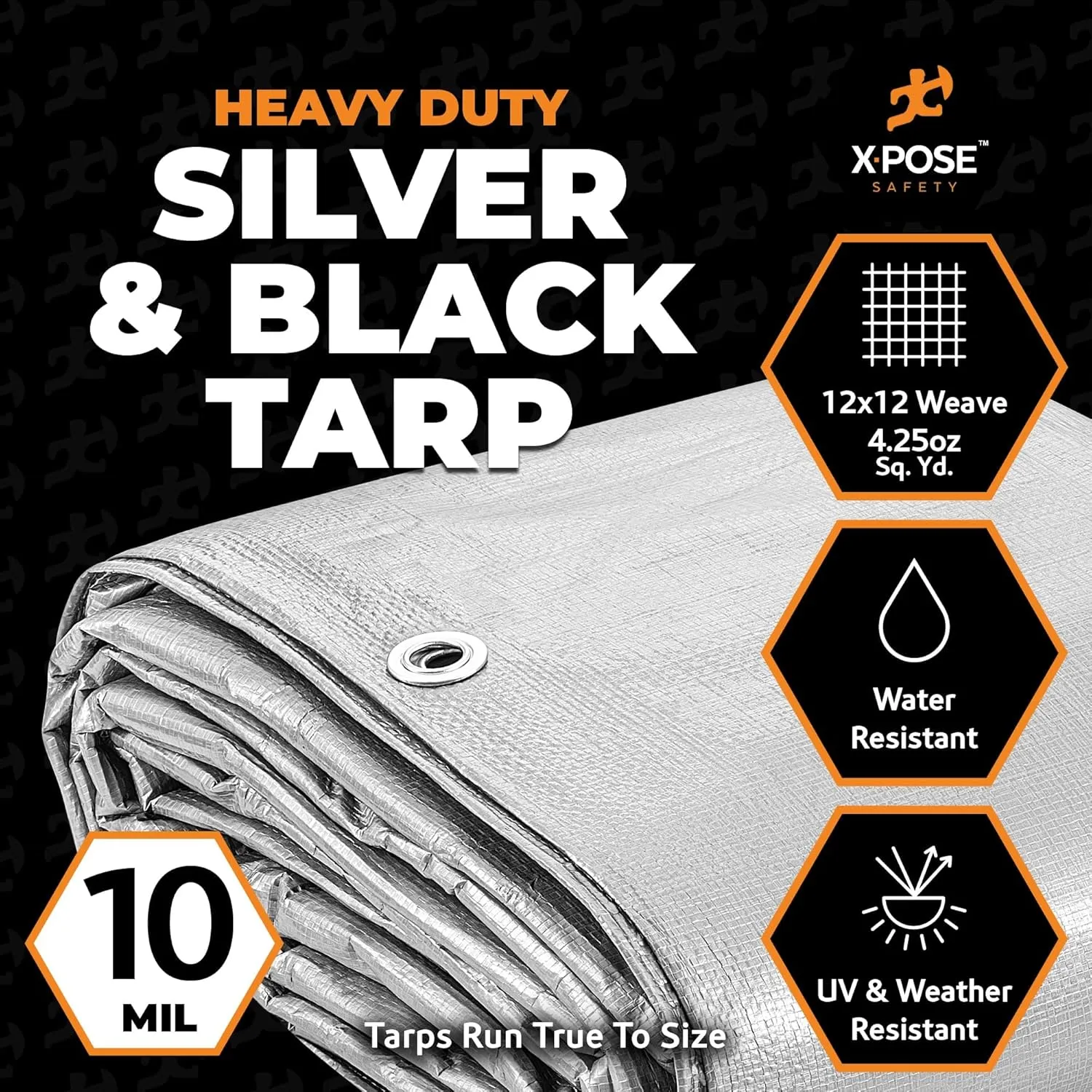 Heavy Duty Poly Tarp - 20' x 35' - 10 Mil Thick Waterproof, UV Blocking Protective Cover - Reversible Silver and Black - Laminated Coating - Grommets - by Xpose Safety