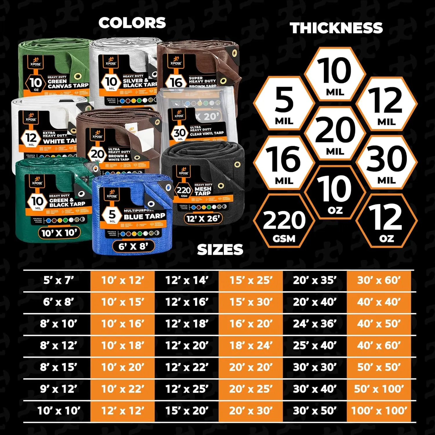 Heavy Duty Poly Tarp - 20' x 35' - 10 Mil Thick Waterproof, UV Blocking Protective Cover - Reversible Silver and Black - Laminated Coating - Grommets - by Xpose Safety