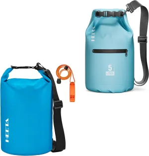 HEETA Waterproof Dry Bag with Emergency Whistle Bundled with Upgraded Dry Bag with Zippered Pocket for Women & Men, Roll Top Lightweight Dry Storage Bag Backpack for Kayaking, Boating (Blue 5L)