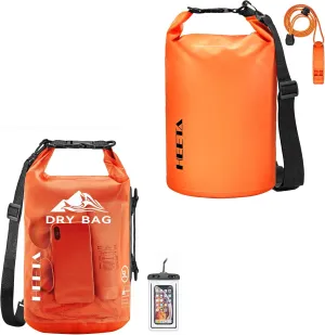 HEETA Waterproof Dry Bag with Phone Case Bundled with Upgraded Version with Emergency Whistle for Women Men, Roll Top Lightweight Dry Storage Bag Backpack (Orange 5L)