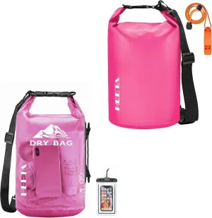 HEETA Waterproof Dry Bag with Phone Case Bundled with Upgraded Version with Emergency Whistle for Women Men, Roll Top Lightweight Dry Storage Bag Backpack (Pink 5L)