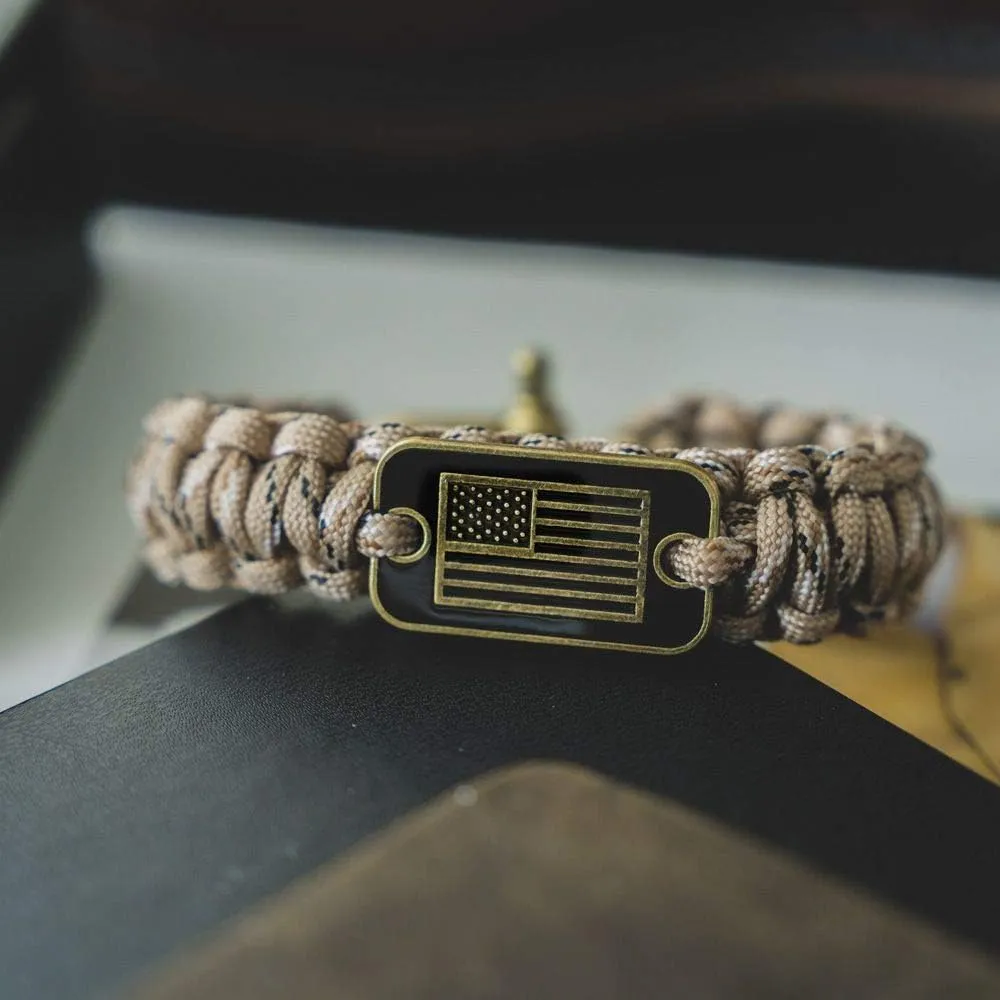 Hero Company Camo Paracord Bracelet - Tactical Survival Bracelet for Men with Bronze USA Flag - Helps Pair Military Veterans with a Companion Dog