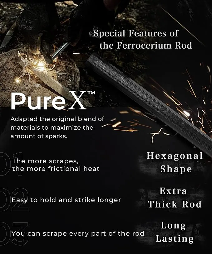 Hexa Fire Starter - Hexagon Ferro Rod with 6 Wide Striking Surfaces - 1/2" Thick Fire Steel - 20,000  Strikes - Survival Igniter with Leather Neck Lanyard & Big Striker