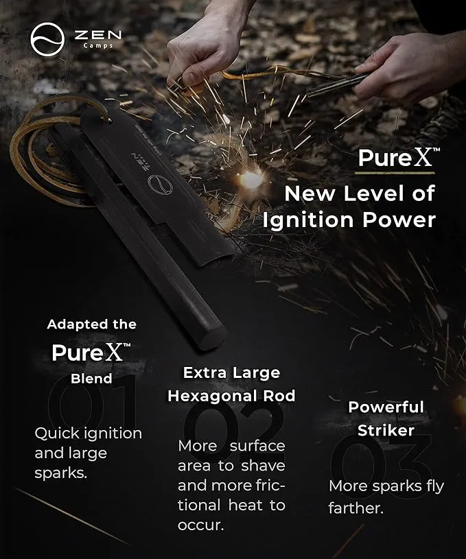 Hexa Fire Starter - Hexagon Ferro Rod with 6 Wide Striking Surfaces - 1/2" Thick Fire Steel - 20,000  Strikes - Survival Igniter with Leather Neck Lanyard & Big Striker
