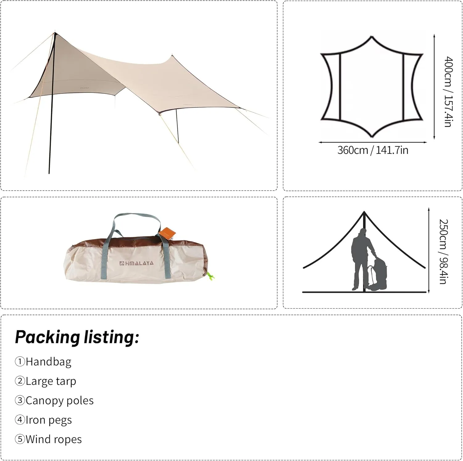 Himalaya Rain Tarp for Camping 6-8 Person Tent Tarp with 2 Poles Camping Canopy Sun Shield Tarp UPF 50  Outdoor Camp Traveling Awning Backpacking (157.4" x 141.7", Hexagon)