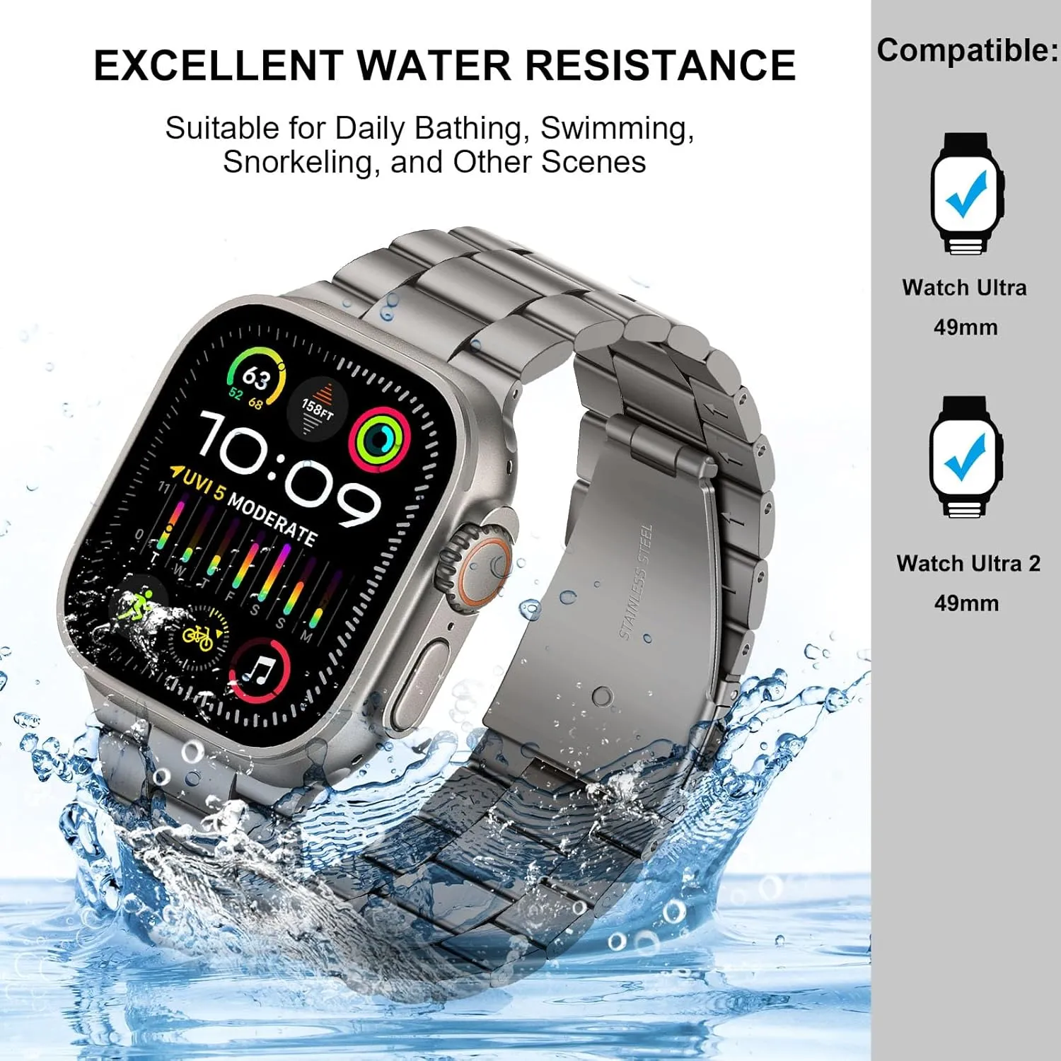 HITZEE Compatible with Apple Watch Ultra Band 49mm Business Stainless Steel Metal Strap Men Women Link Bands with Case Compatible for Apple Watch Ultra 2 Ultra, 49mm Titanium