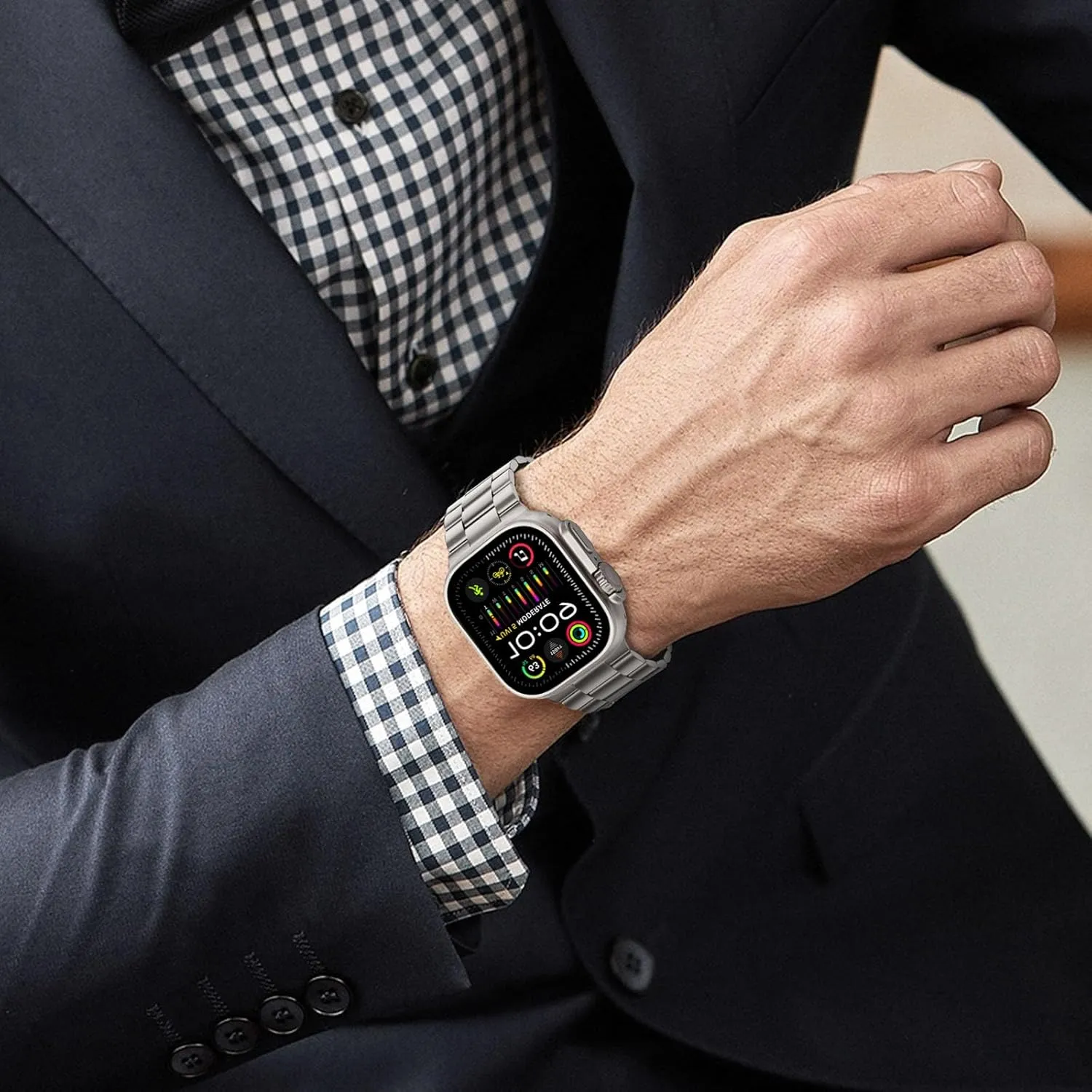 HITZEE Compatible with Apple Watch Ultra Band 49mm Business Stainless Steel Metal Strap Men Women Link Bands with Case Compatible for Apple Watch Ultra 2 Ultra, 49mm Titanium