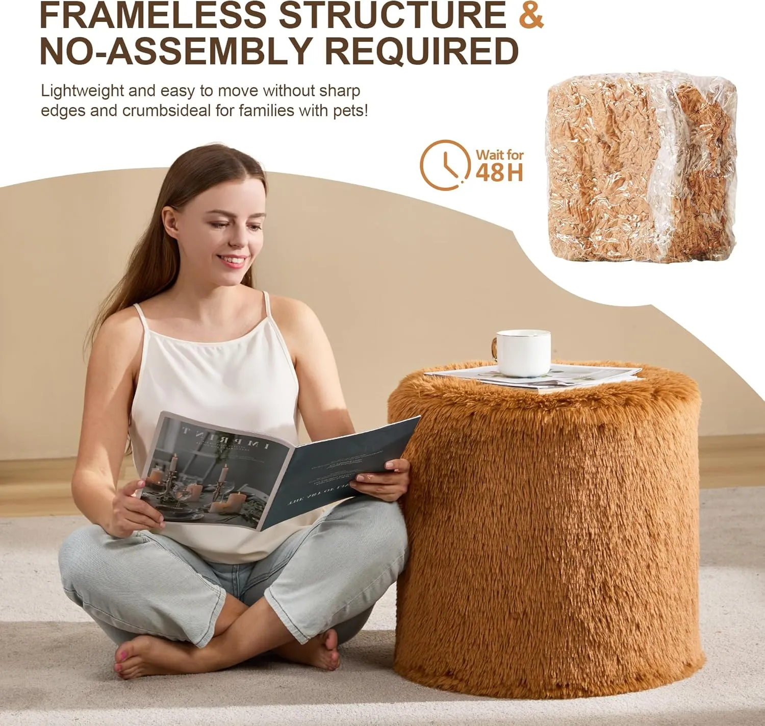Hobestluk Bean Bag Chairs Ottoman for Adults Bean Bag Chair Footrest Foam Filled Ottoman of BeanBag Footstool of Lazy Sofa for Bedroom, Living Room, Apartment (Small, Caramel)