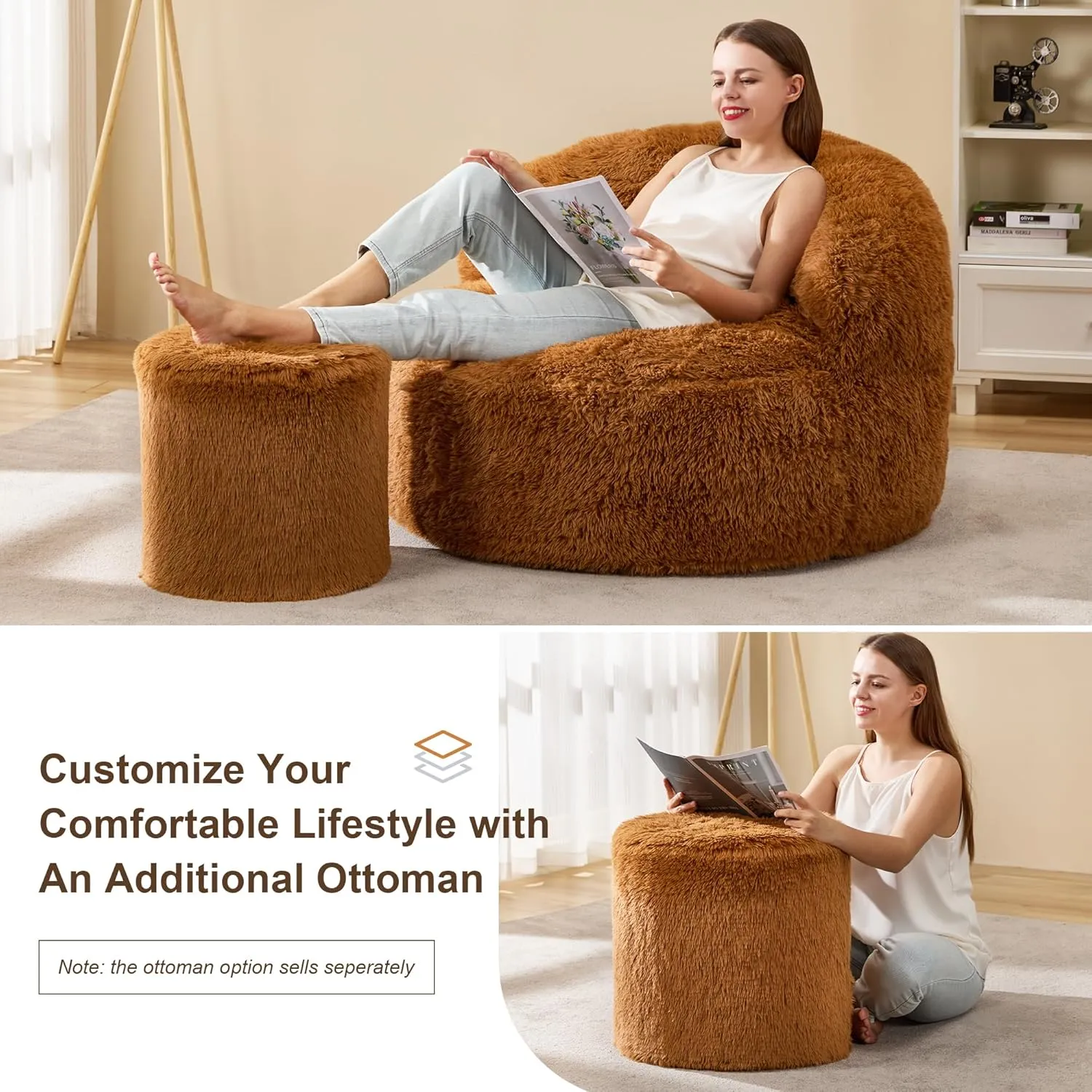 Hobestluk Bean Bag Chairs Ottoman for Adults Bean Bag Chair Footrest Foam Filled Ottoman of BeanBag Footstool of Lazy Sofa for Bedroom, Living Room, Apartment (Small, Caramel)