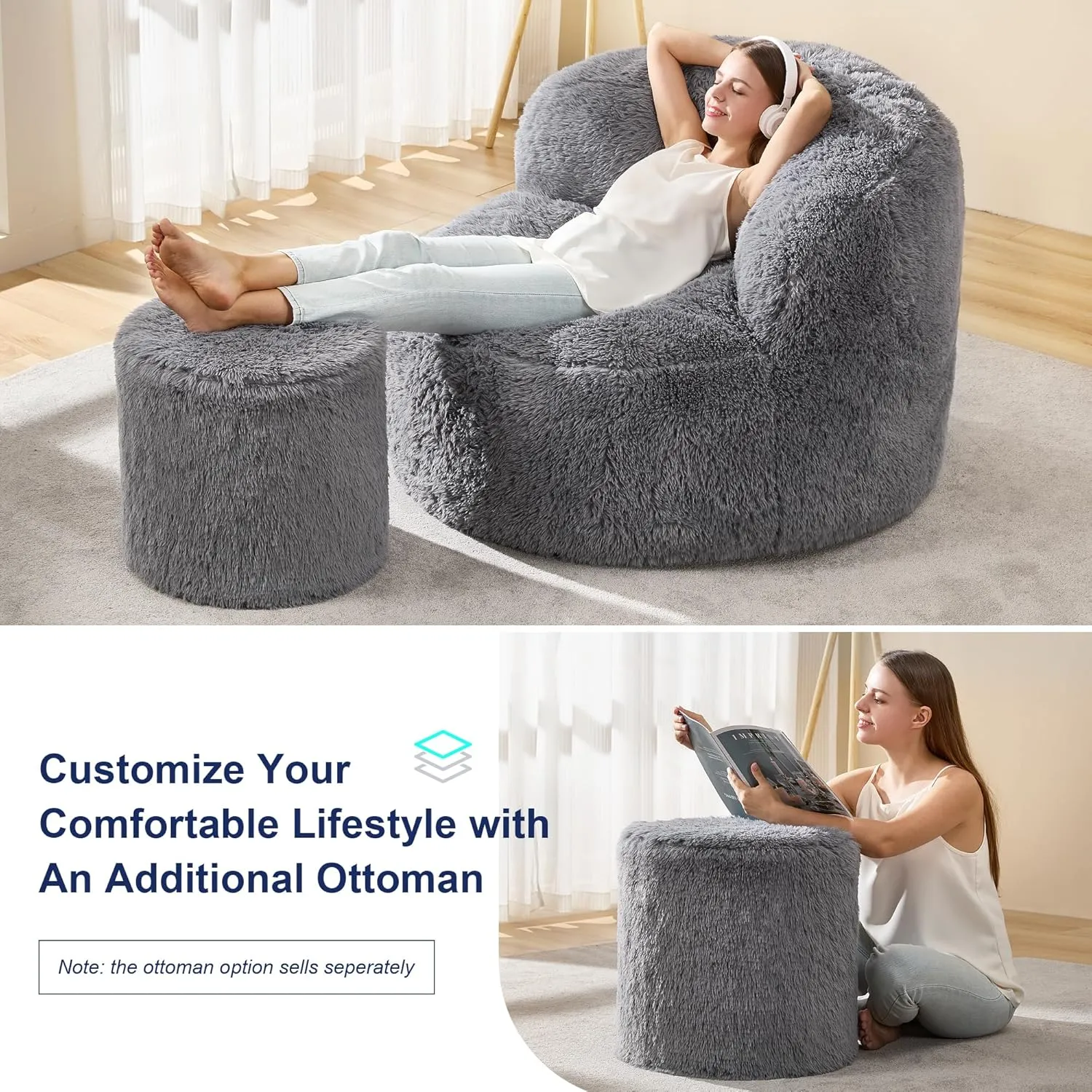 Hobestluk Bean Bag Chairs Ottoman for Adults Bean Bag Chair Footrest Foam Filled Ottoman of BeanBag Footstool of Lazy Sofa for Bedroom, Living Room, Apartment (Small, Grey)