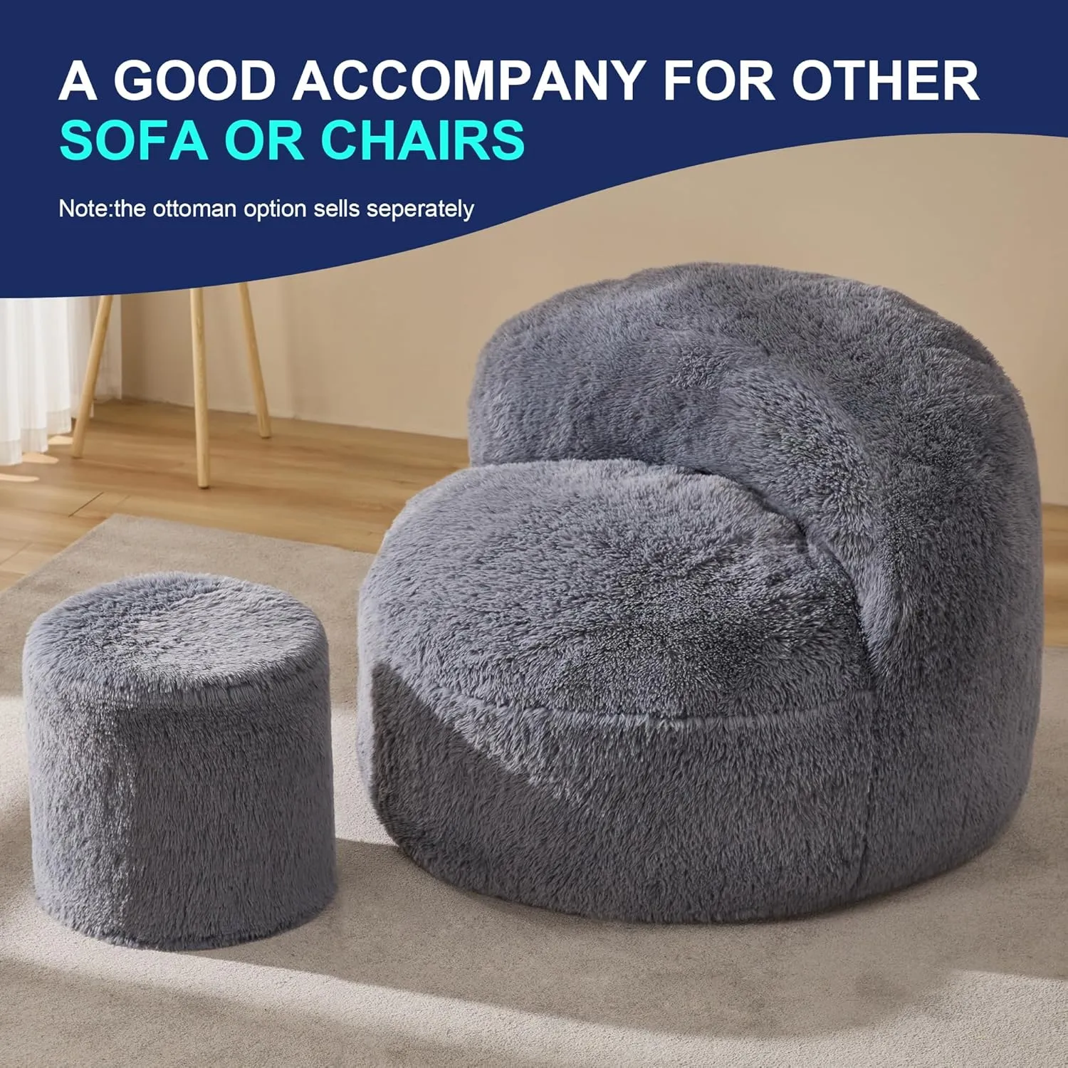 Hobestluk Bean Bag Chairs Ottoman for Adults Bean Bag Chair Footrest Foam Filled Ottoman of BeanBag Footstool of Lazy Sofa for Bedroom, Living Room, Apartment (Small, Grey)