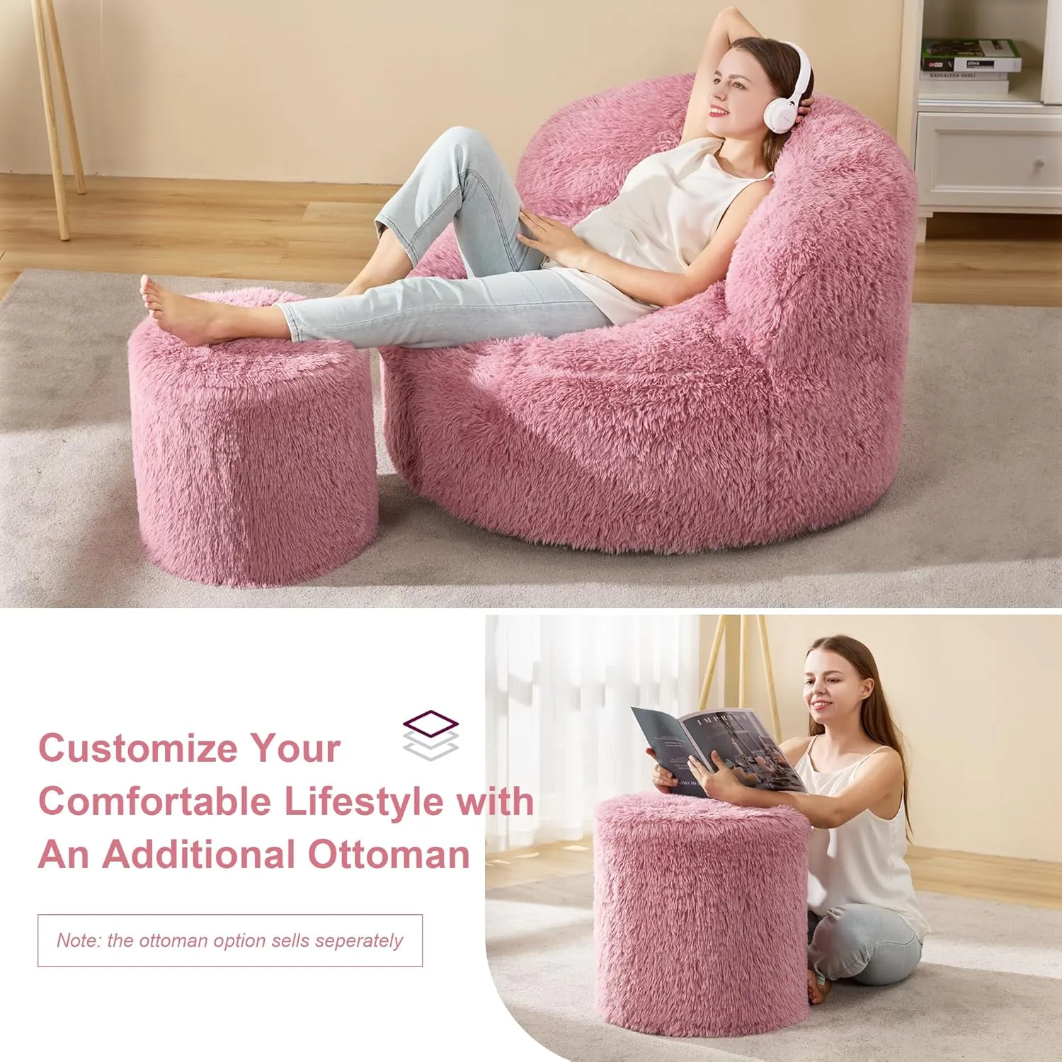 Hobestluk Bean Bag Chairs Ottoman for Adults Bean Bag Chair Footrest Foam Filled Ottoman of BeanBag Footstool of Lazy Sofa for Bedroom, Living Room, Apartment (Small, Pink)