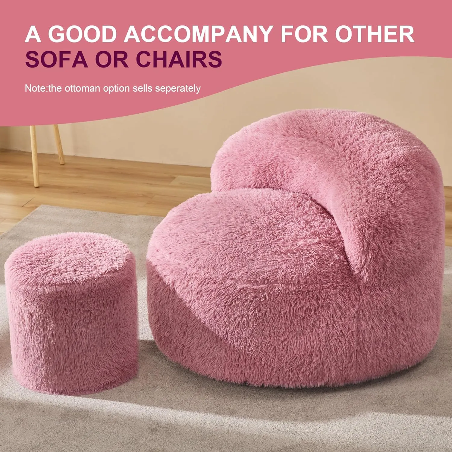 Hobestluk Bean Bag Chairs Ottoman for Adults Bean Bag Chair Footrest Foam Filled Ottoman of BeanBag Footstool of Lazy Sofa for Bedroom, Living Room, Apartment (Small, Pink)