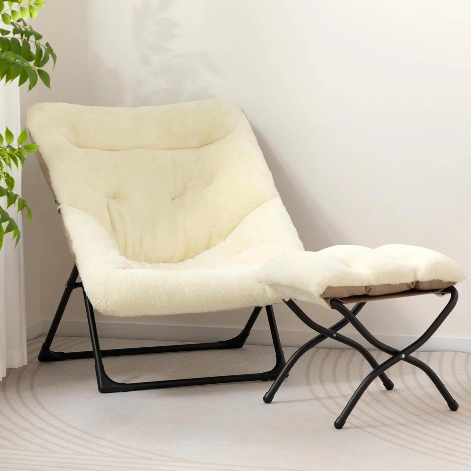 HollyHOME X-Large Saucer Chair with Foldable Ottoman, Comfy Oversized Folding Chair and Folding Footrest Stool Set, Faux-Fur Reading Chair and Footstool for Living Room, Bedroom, Beige Chair&Stool