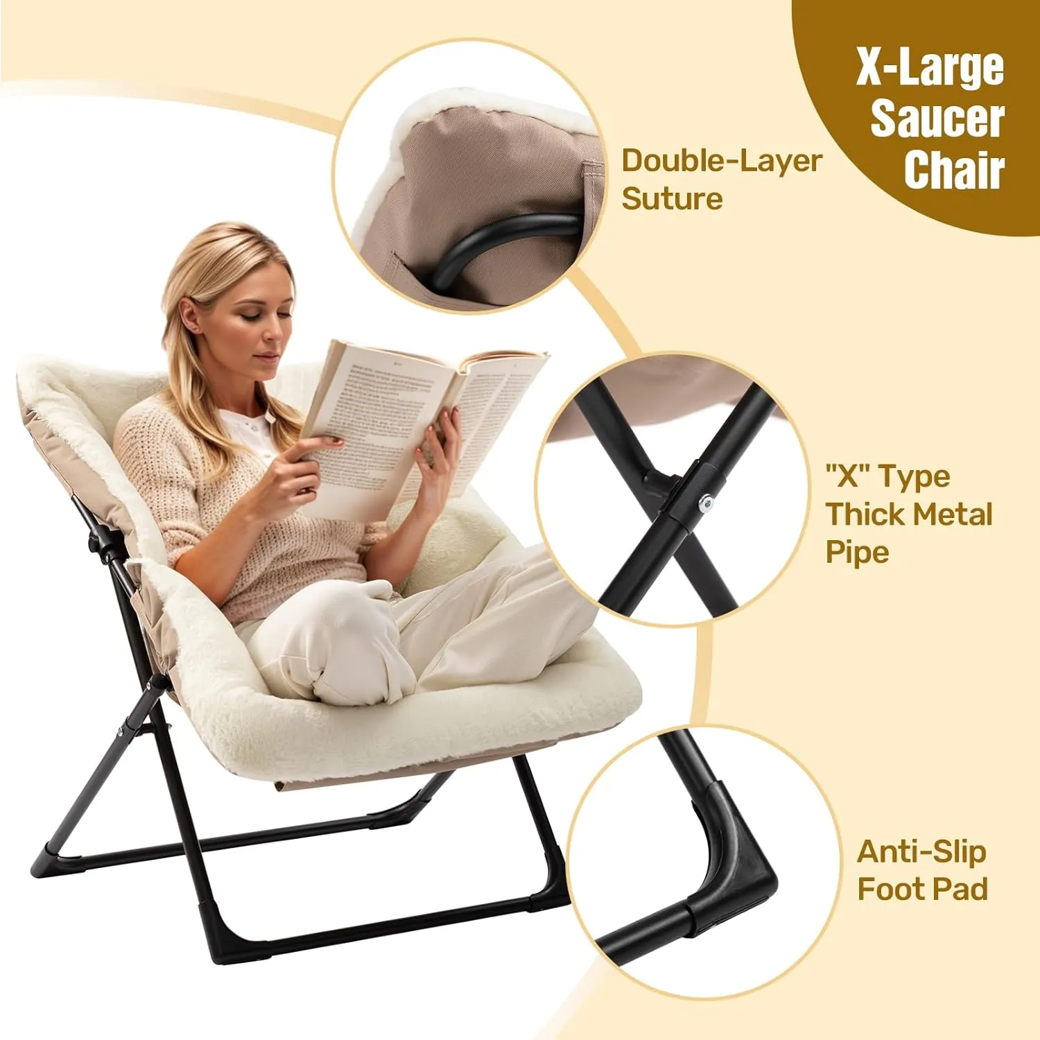 HollyHOME X-Large Saucer Chair with Foldable Ottoman, Comfy Oversized Folding Chair and Folding Footrest Stool Set, Faux-Fur Reading Chair and Footstool for Living Room, Bedroom, Beige Chair&Stool