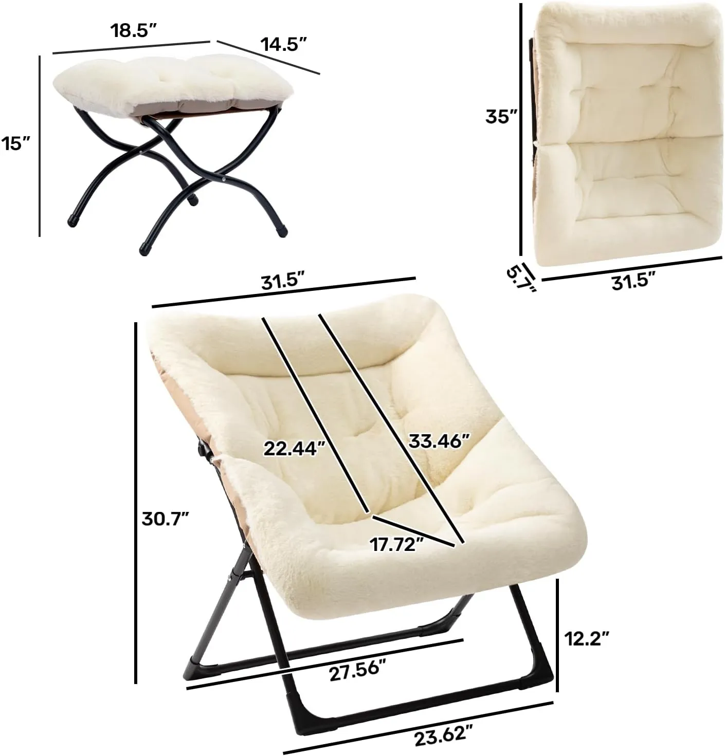 HollyHOME X-Large Saucer Chair with Foldable Ottoman, Comfy Oversized Folding Chair and Folding Footrest Stool Set, Faux-Fur Reading Chair and Footstool for Living Room, Bedroom, Beige Chair&Stool