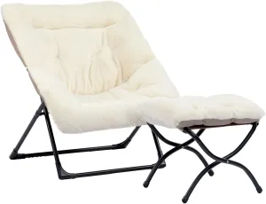 HollyHOME X-Large Saucer Chair with Foldable Ottoman, Comfy Oversized Folding Chair and Folding Footrest Stool Set, Faux-Fur Reading Chair and Footstool for Living Room, Bedroom, Beige Chair&Stool