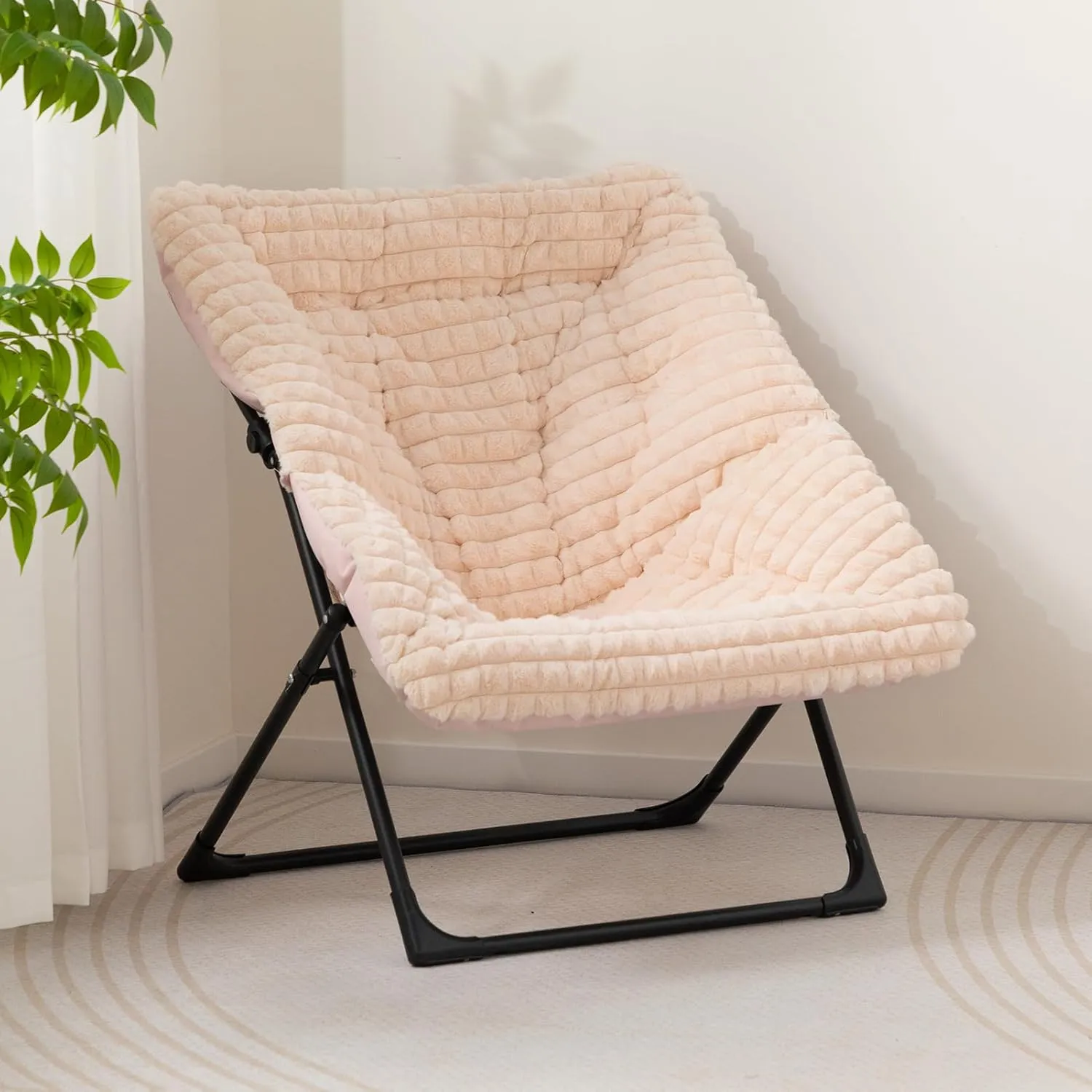 HollyHOME X-Large Saucer Chair with Foldable Ottoman, Comfy Oversized Folding Chair and Folding Footrest Stool Set, Faux-Fur Reading Chair and Footstool for Living Room, Champagne Pink Chair&Stool