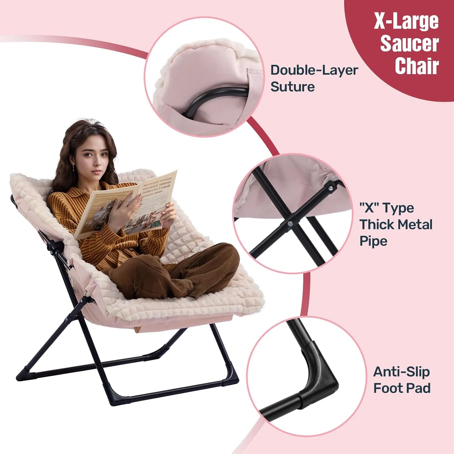 HollyHOME X-Large Saucer Chair with Foldable Ottoman, Comfy Oversized Folding Chair and Folding Footrest Stool Set, Faux-Fur Reading Chair and Footstool for Living Room, Champagne Pink Chair&Stool