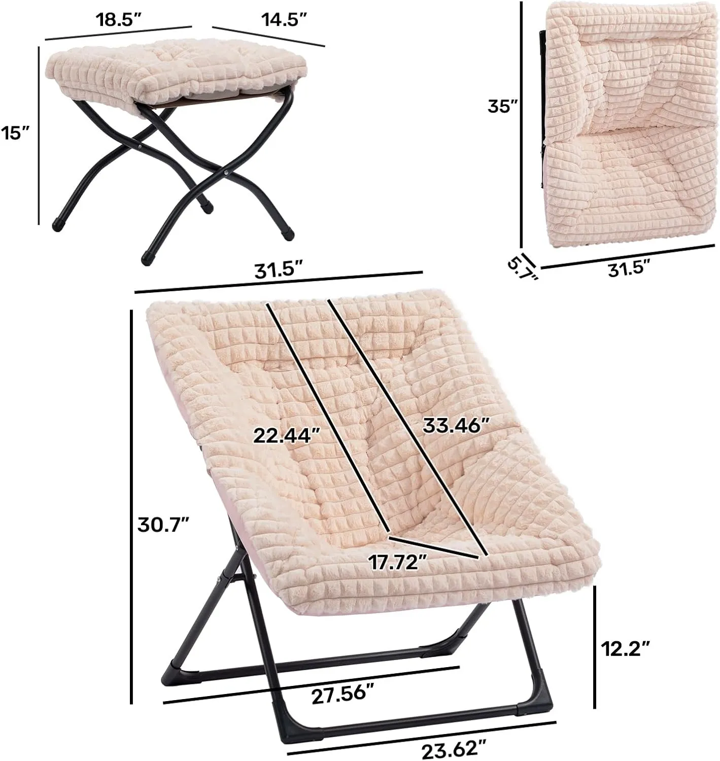 HollyHOME X-Large Saucer Chair with Foldable Ottoman, Comfy Oversized Folding Chair and Folding Footrest Stool Set, Faux-Fur Reading Chair and Footstool for Living Room, Champagne Pink Chair&Stool
