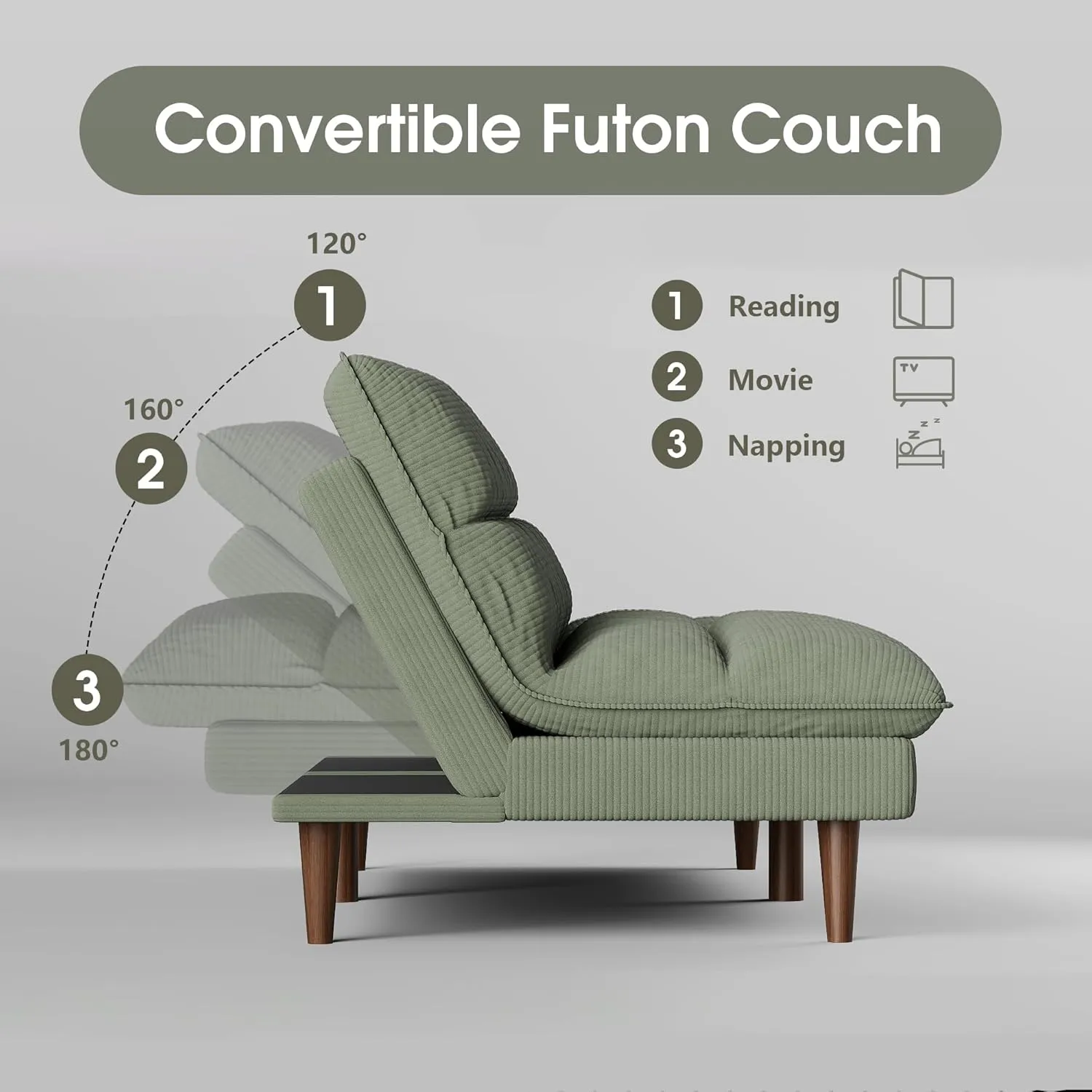 Homall Futon Couch, Modern Futon Sofa Bed with Adjustable Backrest, Convertible Sleeper Sofa Bed for Small Apartments, Loveseat, Office (Corduroy, Green)