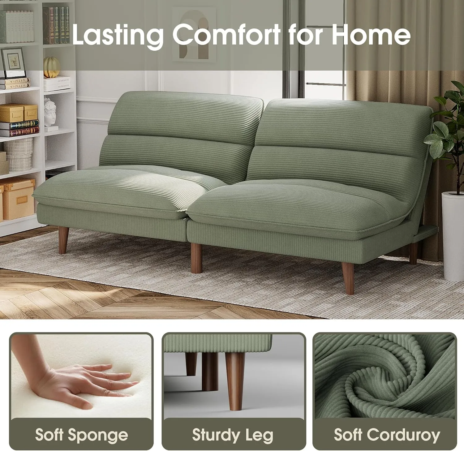 Homall Futon Couch, Modern Futon Sofa Bed with Adjustable Backrest, Convertible Sleeper Sofa Bed for Small Apartments, Loveseat, Office (Corduroy, Green)