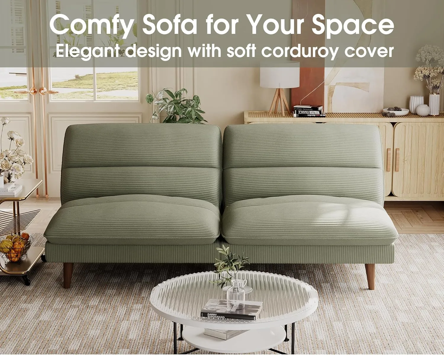 Homall Futon Couch, Modern Futon Sofa Bed with Adjustable Backrest, Convertible Sleeper Sofa Bed for Small Apartments, Loveseat, Office (Corduroy, Green)