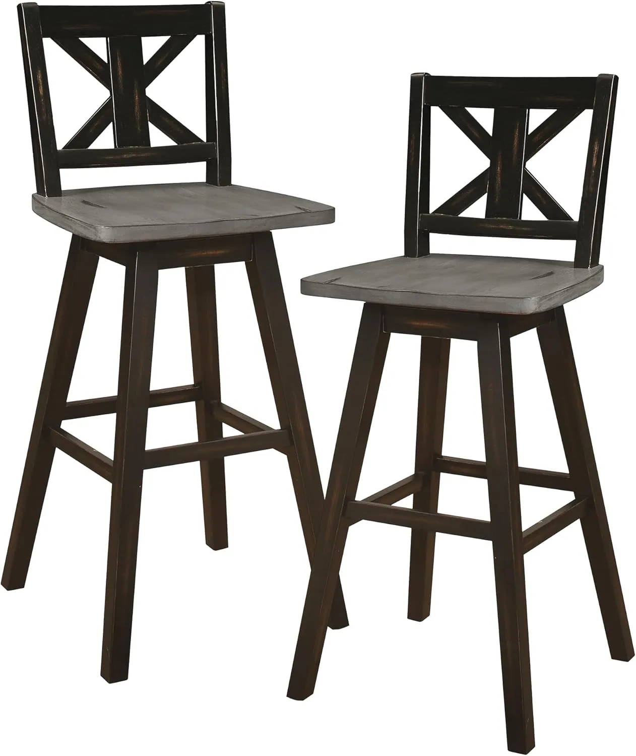 Homelegance Solid Wood High Back Swivel Pub Height Bar Stools Set of 2, Kitchen Stools Pub Height, Foot Rest, X Back, Tall Wooden Armless Dining Chairs for Kitchen Island, Farmhouse, Rustic, Black