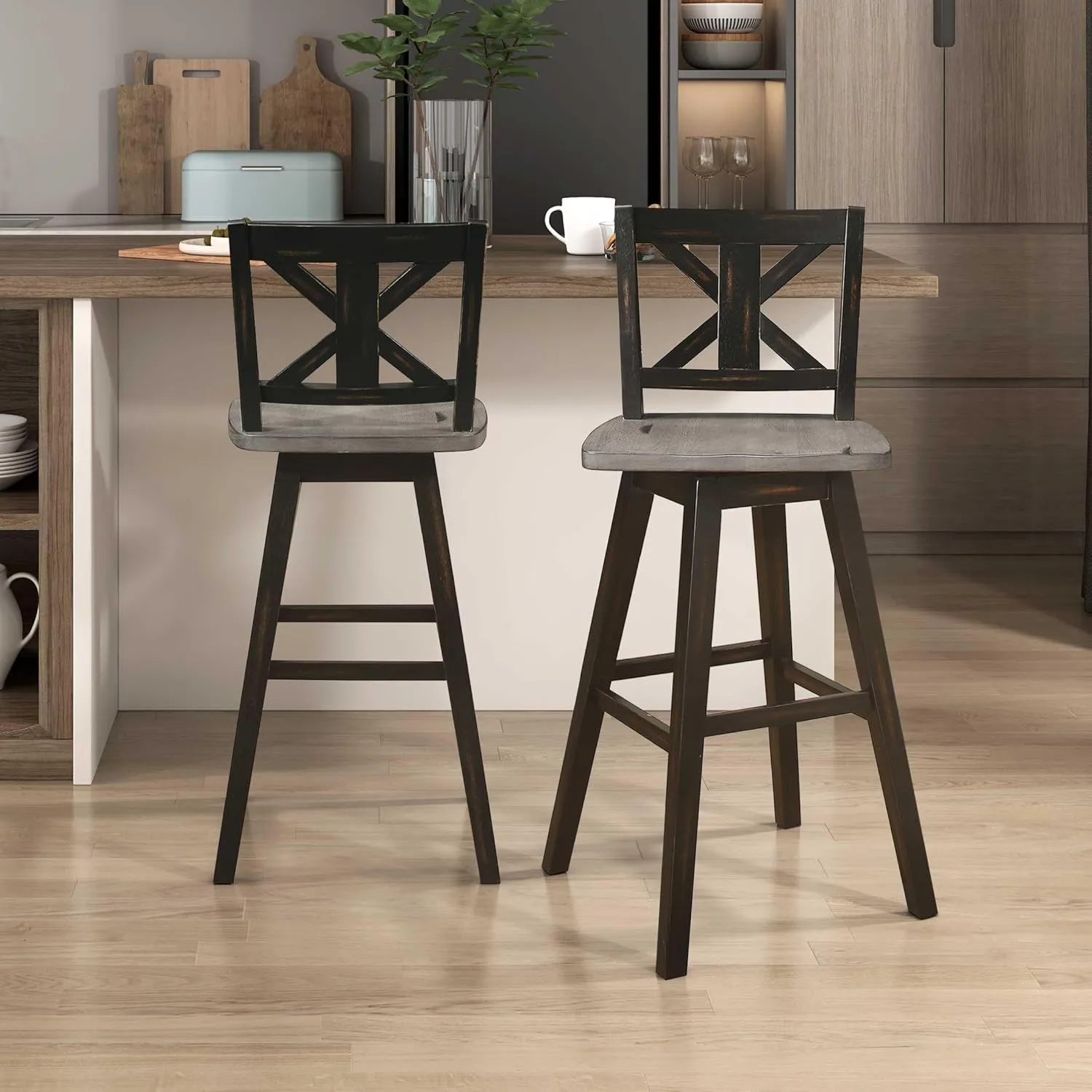 Homelegance Solid Wood High Back Swivel Pub Height Bar Stools Set of 2, Kitchen Stools Pub Height, Foot Rest, X Back, Tall Wooden Armless Dining Chairs for Kitchen Island, Farmhouse, Rustic, Black