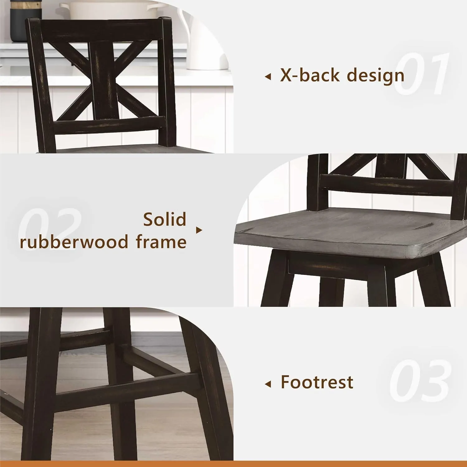 Homelegance Solid Wood High Back Swivel Pub Height Bar Stools Set of 2, Kitchen Stools Pub Height, Foot Rest, X Back, Tall Wooden Armless Dining Chairs for Kitchen Island, Farmhouse, Rustic, Black