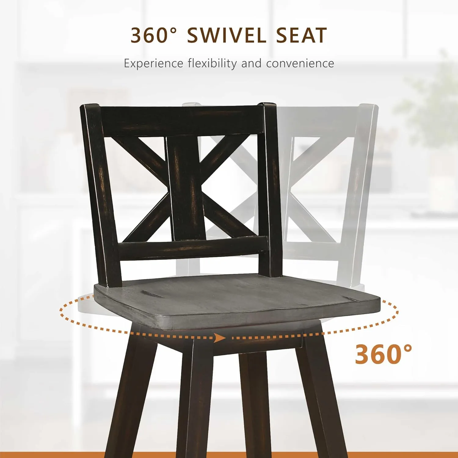 Homelegance Solid Wood High Back Swivel Pub Height Bar Stools Set of 2, Kitchen Stools Pub Height, Foot Rest, X Back, Tall Wooden Armless Dining Chairs for Kitchen Island, Farmhouse, Rustic, Black